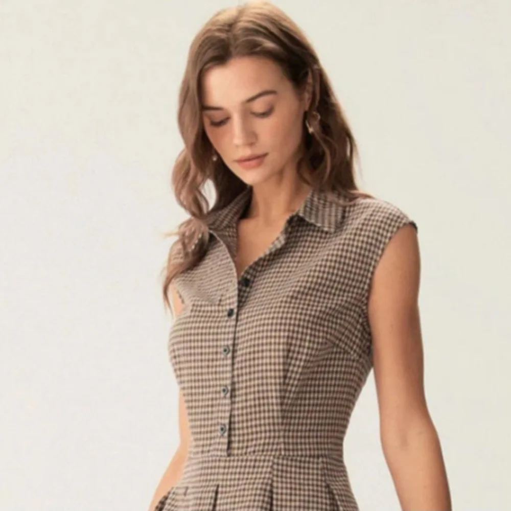 NWT Rihoas Brown Plaid Button Pleated Midi Dress - Picture 8 of 17